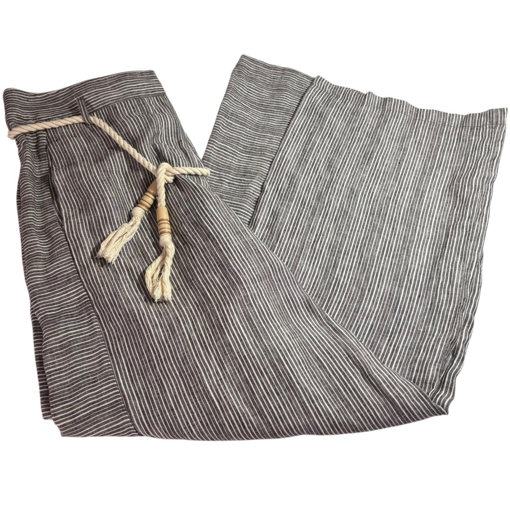 Anthropologie Ett Twa Super Wide Leg Brown Striped Linen Pant Women Size 12 Tall - Picture 8 of 16
